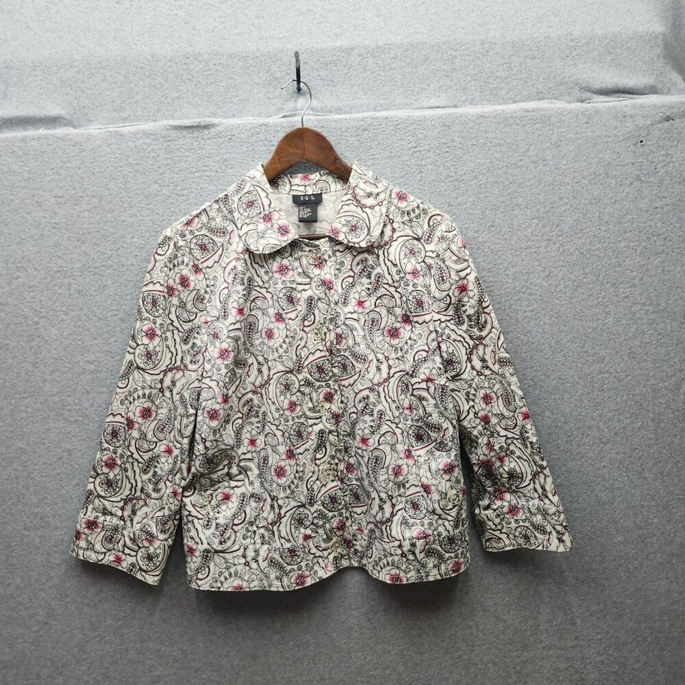 R.Q.T. Womens Floral Print Button-Up Jacket 3/4 Sleeve Size L Cotton/Spandex Ble